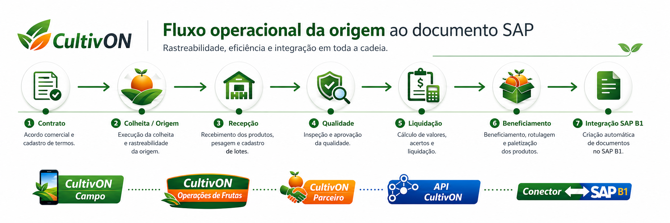 Resumo visual do fluxo operacional CultivON: contrato, colheita/origem, recepção, qualidade, liquidação, beneficiamento e integração SAP B1, com os módulos Campo, Operações de Frutas, Parceiro, API e Conector SAP B1.